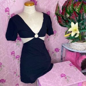 🎀 100% Cotton 🎀 Plunging Cutout Short Puffed Sleeve Summer Dress